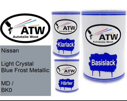 Nissan, Light Crystal Blue Frost Metallic, MD / BK0: 500ml Lackdose + 500ml Klarlack + 250ml Härter - Set, von ATW Autoteile West.
